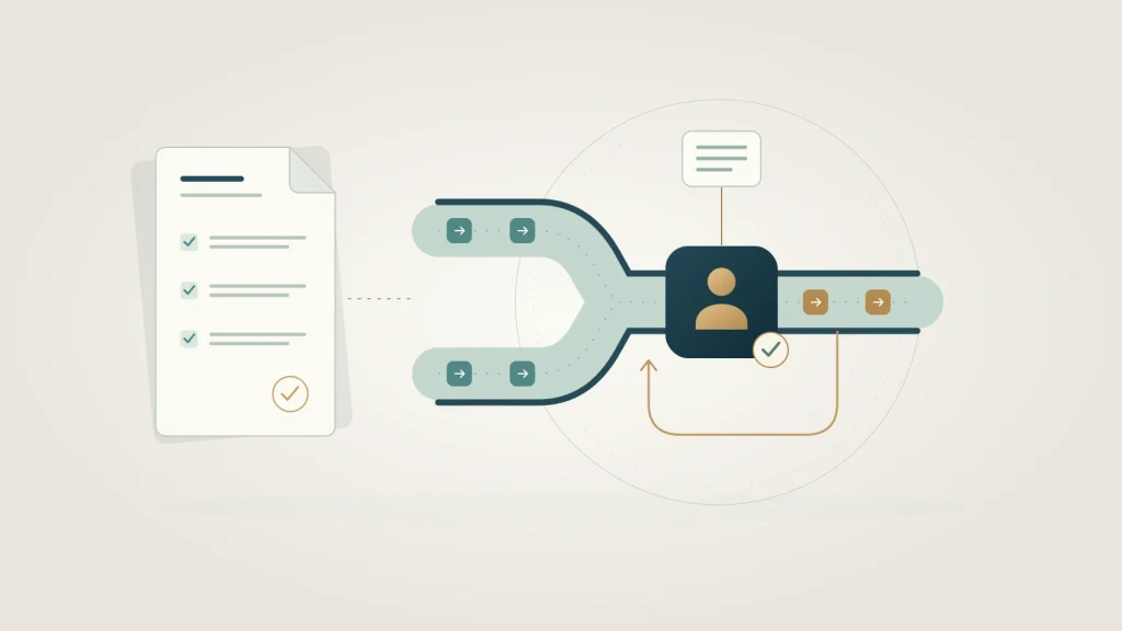 policy-checklist-with-workflow A policy checklist beside a workflow with guardrails, human review and a recovery path, illustrating how systems support responsible AI use.